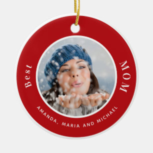 Mother mum photo red white names ceramic ornament