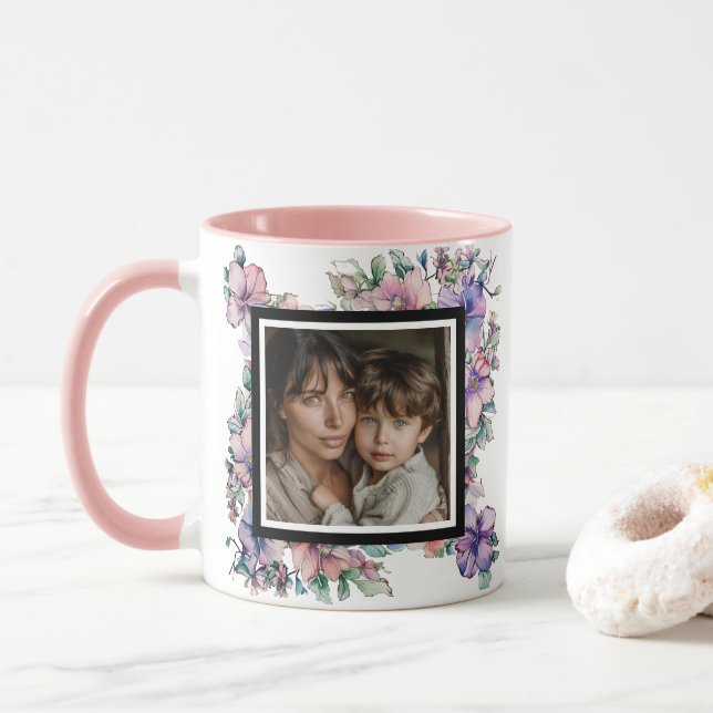 Mother Mummy Watercolor Floral Photo Mug (With Donut)
