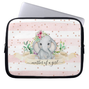 Mother of a Girl - Baby Elephant and Flowers  Laptop Sleeve