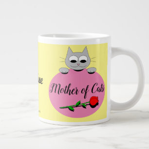 Mother of Cats Cute Grey Cat with Red Rose Large Coffee Mug
