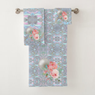 Mother of Pearl Abalone Pink Roses Bath Towel Set