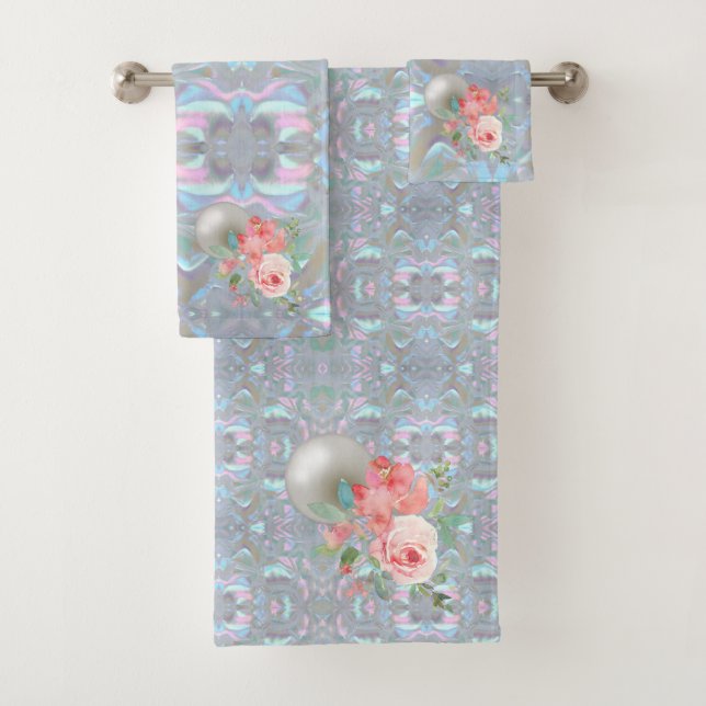 Mother of Pearl Abalone Pink Roses Bath Towel Set (Insitu)