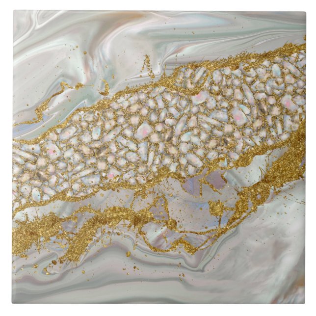 Mother of pearl and gold Abstract Ceramic Tile (Front)