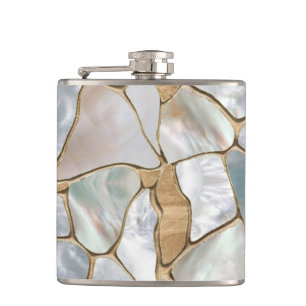Mother of pearl and Gold cells abstract Hip Flask