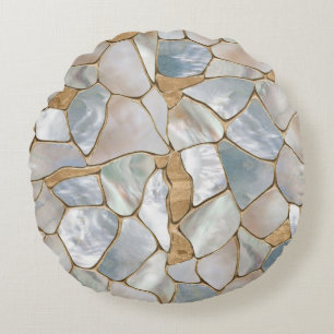 Mother of pearl and Gold cells abstract Round Cushion