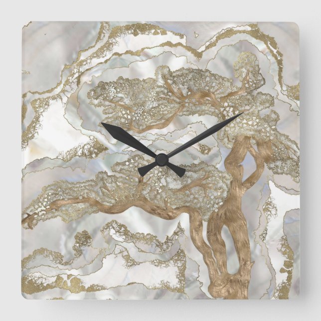 Mother of pearl Golden Tree Square Wall Clock (Front)