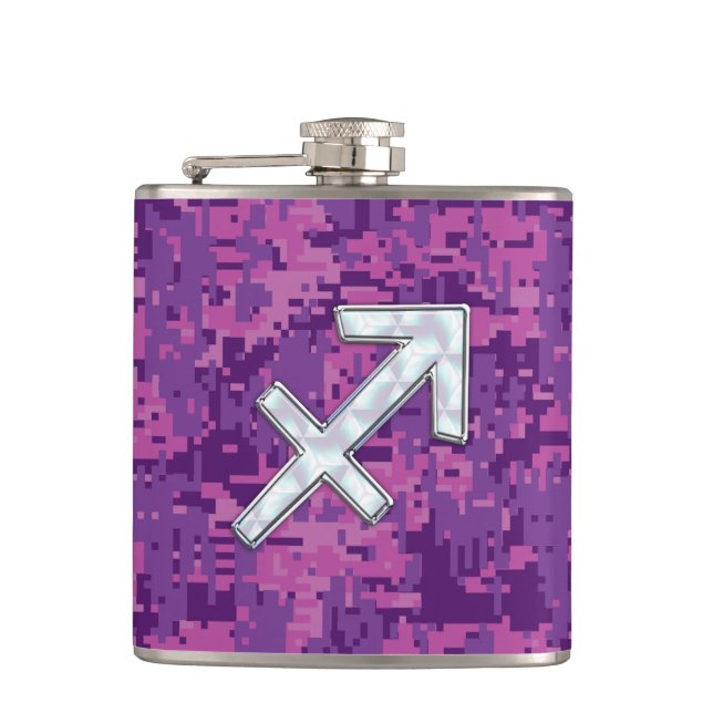 Mother of Pearl Sagittarius Symbol Fuchsia Camo Hip Flask (Front)