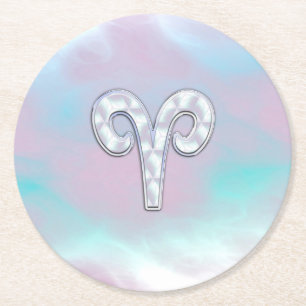 Mother of Pearl Style Aries Zodiac Symbol Round Paper Coaster