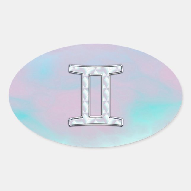 Mother of Pearl Style Gemini Zodiac Sign Oval Sticker (Front)