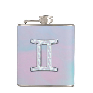 Mother of Pearl Style Gemini Zodiac Symbol Hip Flask