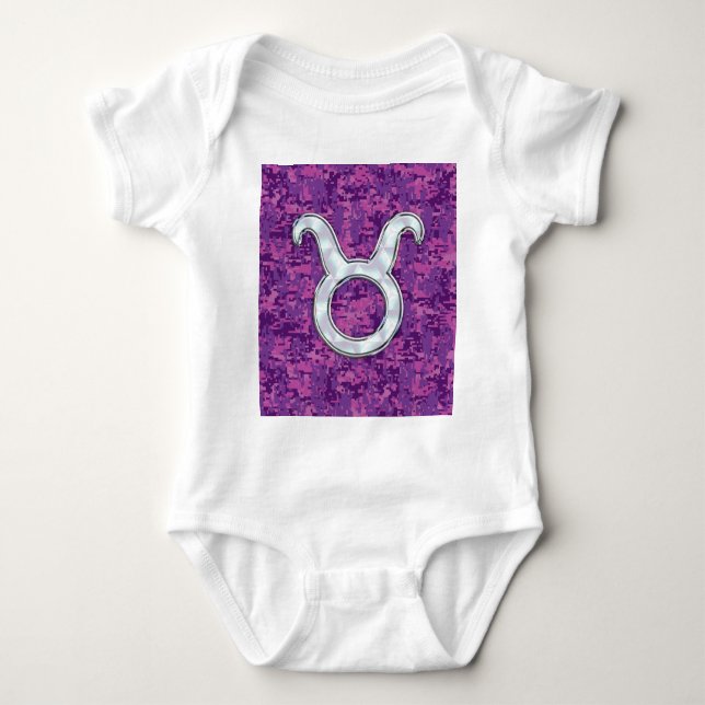 Mother of Pearl Taurus Zodiac Sign on Digital Camo Baby Bodysuit (Front)