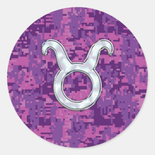 Mother of Pearl Taurus Zodiac Sign on Digital Camo Classic Round Sticker