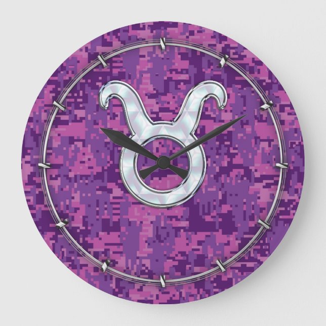 Mother of Pearl Taurus Zodiac Sign on Digital Camo Large Clock (Front)