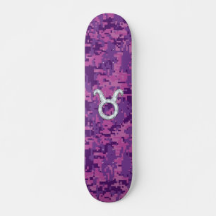 Mother of Pearl Taurus Zodiac Sign on Digital Camo Skateboard