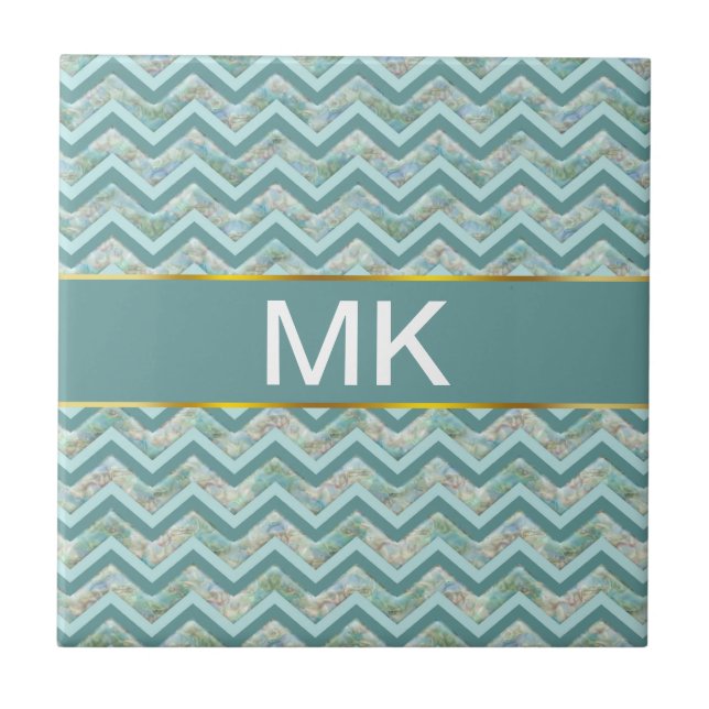 Mother of Pearl Teal ZigZag Ceramic Tile (Front)