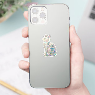 Mother of Pearl White Cat Floral Stained Glass 
