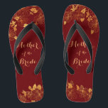 Mother of the Bride Dark Burgundy & Gold Foliage Thongs<br><div class="desc">These gorgeous Mother of the Bride Dark Burgundy and gold foliage flip flops have a dark burgundy background that is adorned with an intricate gold floral greenery pattern and customisable modern typography. The combination of the rich burgundy and the shimmering gold create an elegant and luxurious aesthetic. It's a beautiful...</div>