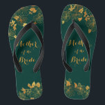 Mother of the Bride Emerald Green & Gold Foliage Thongs<br><div class="desc">These gorgeous Mother of the Bride emerald green and gold foliage flip flops feature golden foliage pattern and modern typography on timeless dark green background. It's a beautiful gift for your bridal party. View the collection on this page to find matching items. ♥Customise it with your information. ♥ If you...</div>