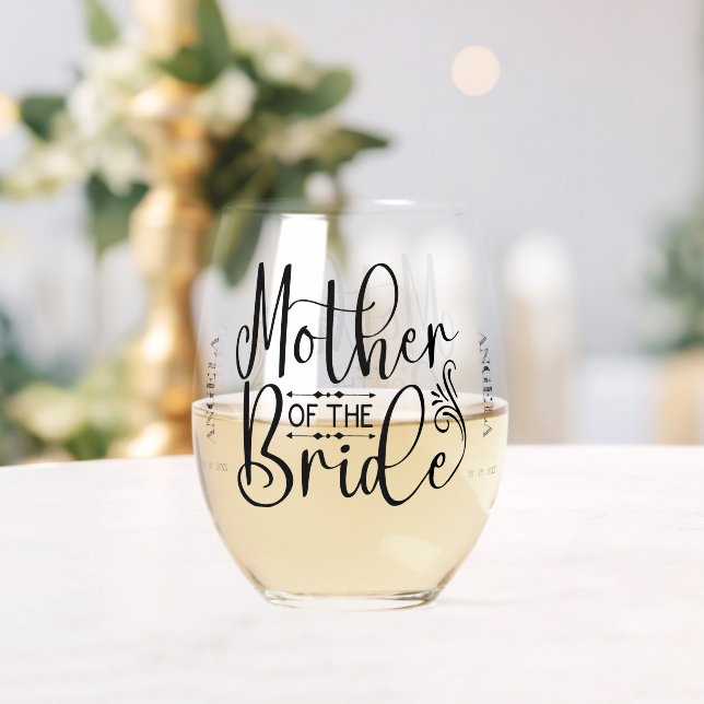 Mother of the Bride Flowing Script Personalised Stemless Wine Glass (Insitu (Wedding))