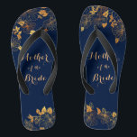 Mother of the Bride Gold Foliage Navy Blue Thongs<br><div class="desc">These gorgeous Mother of the Bride gold foliage navy blue flip flops have a dark blue background that is adorned with an intricate gold floral greenery pattern and customisable modern typography. The combination of the rich navy and the shimmering gold create an elegant and luxurious aesthetic. It's a beautiful gift...</div>