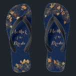 Mother of the Bride Gold Foliage Navy Blue Thongs<br><div class="desc">These gorgeous Mother of the Bride gold foliage navy blue flip flops have a dark blue background that is adorned with an intricate gold floral greenery pattern and customisable modern typography. The combination of the rich navy and the shimmering gold create an elegant and luxurious aesthetic. It's a beautiful gift...</div>