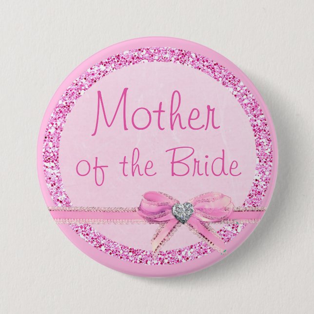 Mother of the Bride Pink Bow Faux Glitter Button (Front)