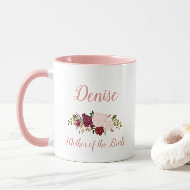 Mother of the Bride Pink Marsala Floral Wedding Mug (With Donut)