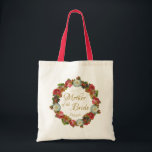 Mother of the Bride Vintage Floral Wreath Wedding Tote Bag<br><div class="desc">This beautiful tote bag is designed specially for the mother of the bride. It features lacy gold script lettering surrounded by a wreath of flowers in deep rich autumn colours including red, coral, pink, plum and orange. There is a space to enter her name or you can leave it blank....</div>
