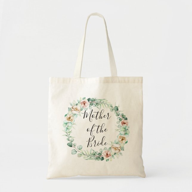 mother of the bride ,watercolor eucalyptus wreath tote bag (Front)