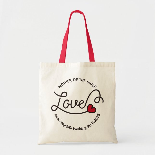 Mother of the Bride Wedding Love Heart Typography Tote Bag (Front)