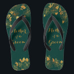 Mother of the Groom Emerald Green & Gold Foliage Thongs<br><div class="desc">These gorgeous Mother of the groom emerald green and gold foliage flip flops feature golden foliage pattern and modern typography on timeless dark green background. It's a beautiful gift for your bridal party. View the collection on this page to find matching items. ♥Customise it with your information. ♥ If you...</div>