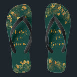 Mother of the Groom Emerald Green & Gold Foliage Thongs<br><div class="desc">These gorgeous Mother of the groom emerald green and gold foliage flip flops feature golden foliage pattern and modern typography on timeless dark green background. It's a beautiful gift for your bridal party. View the collection on this page to find matching items. ♥Customise it with your information. ♥ If you...</div>