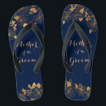 Mother of the Groom Gold Foliage Navy Blue  Thongs<br><div class="desc">The Mother of the Groom Gold Foliage Navy Blue flip flops have a rich navy background that is adorned with an intricate gold floral greenery pattern and customisable modern typography. The combination of the dark navy blue and the shimmering gold create an elegant and luxurious aesthetic. It's a beautiful gift...</div>