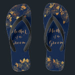 Mother of the Groom Gold Foliage Navy Blue  Thongs<br><div class="desc">The Mother of the Groom Gold Foliage Navy Blue flip flops have a rich navy background that is adorned with an intricate gold floral greenery pattern and customisable modern typography. The combination of the dark navy blue and the shimmering gold create an elegant and luxurious aesthetic. It's a beautiful gift...</div>