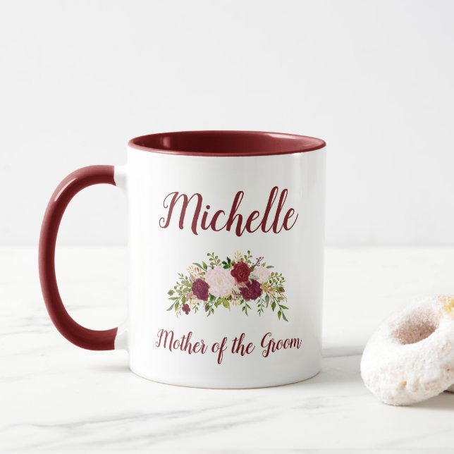 Mother of the Groom Marsala Pink Floral Wedding Mug (With Donut)