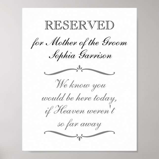 Mother of the Groom Memorial Reserved Wedding Sign (Front)