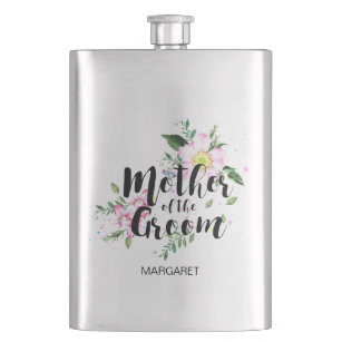 Mother of the Groom Pink Floral Watercolor Wedding Hip Flask