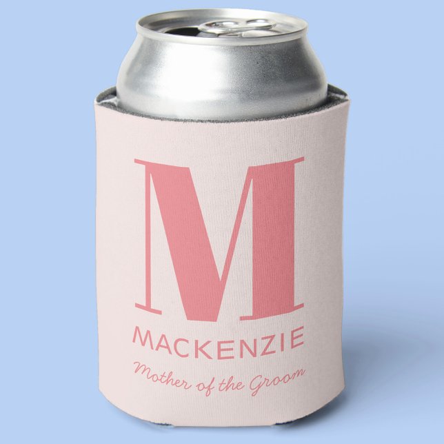Mother of the Groom Pink Monogram Name Can Cooler (Mother of the Groom blush pink personalized can cooler)