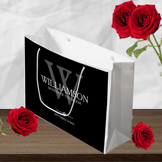 Mother Of The Groom Wedding Gift Monogram Elegant  Large Gift Bag (Fabulous "Mother Of The Groom" Wedding Gift. Monogram, Name & Date. Elegant Large Black Gift Bag.)