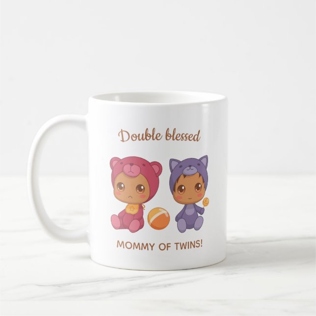 Mother of Twins Baby Cat Bear Jumpsuit Coffee Mug (Left)