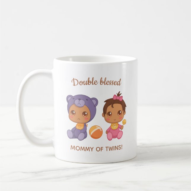 Mother of Twins Baby Girl Bear Jumpsuit Coffee Mug (Left)
