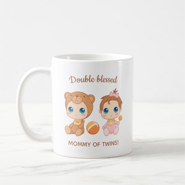 Mother of Twins Baby Girl Bear Jumpsuit Coffee Mug (Left)