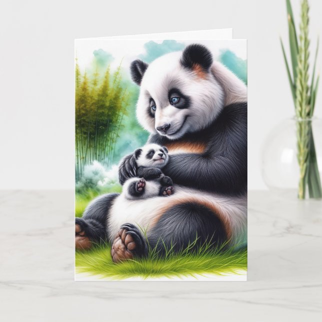 Mother Panda Bear With Her Cub Card (Front)