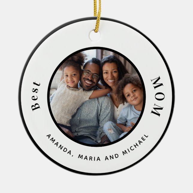 Mother photo black white names ceramic ornament (Front)