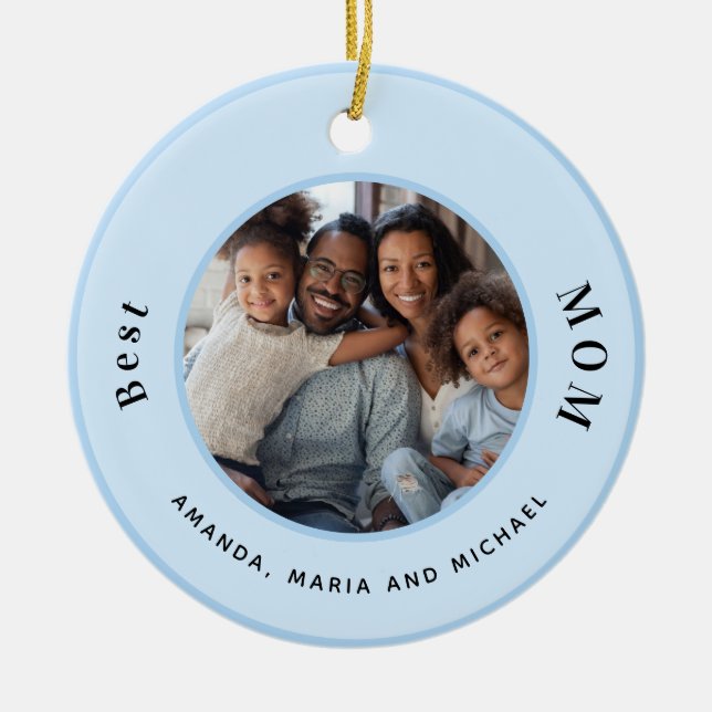 Mother photo light blue names ceramic ornament (Front)