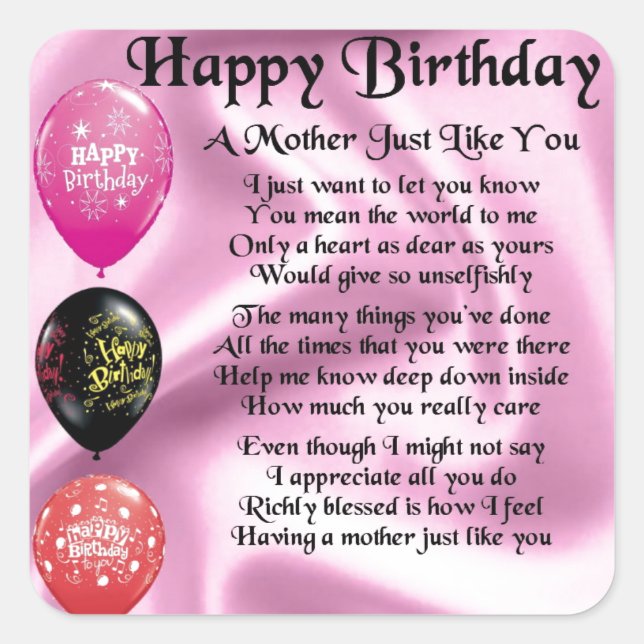Mother Poem - Happy Birthday Square Sticker (Front)