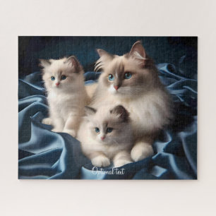Mother Ragdoll Cat and Kittens on Blue Jigsaw Puzzle