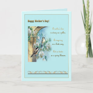 Mother"s day, antique pillar, roses and chickadees card