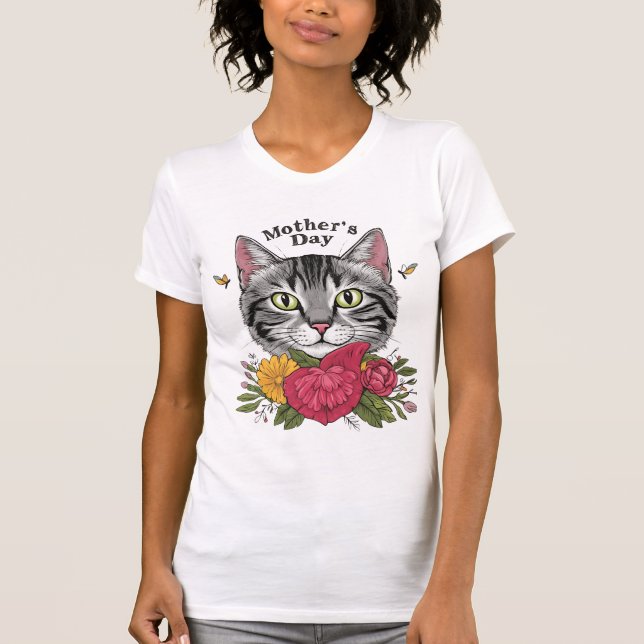 Mother’s Day Cat Design – Tabby Cat with Flowers T-Shirt (Front)