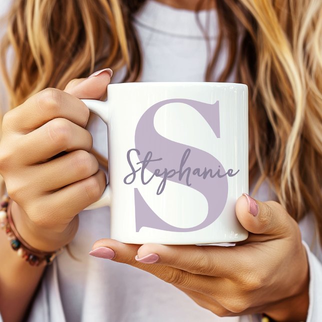 Mother’s Day | Modern Purple Monogram Initial Mum Coffee Mug (Minimalist Script Name Birthday Gift | Teacher Appreciation Name Mug | Purple Monogram Wedding Party)